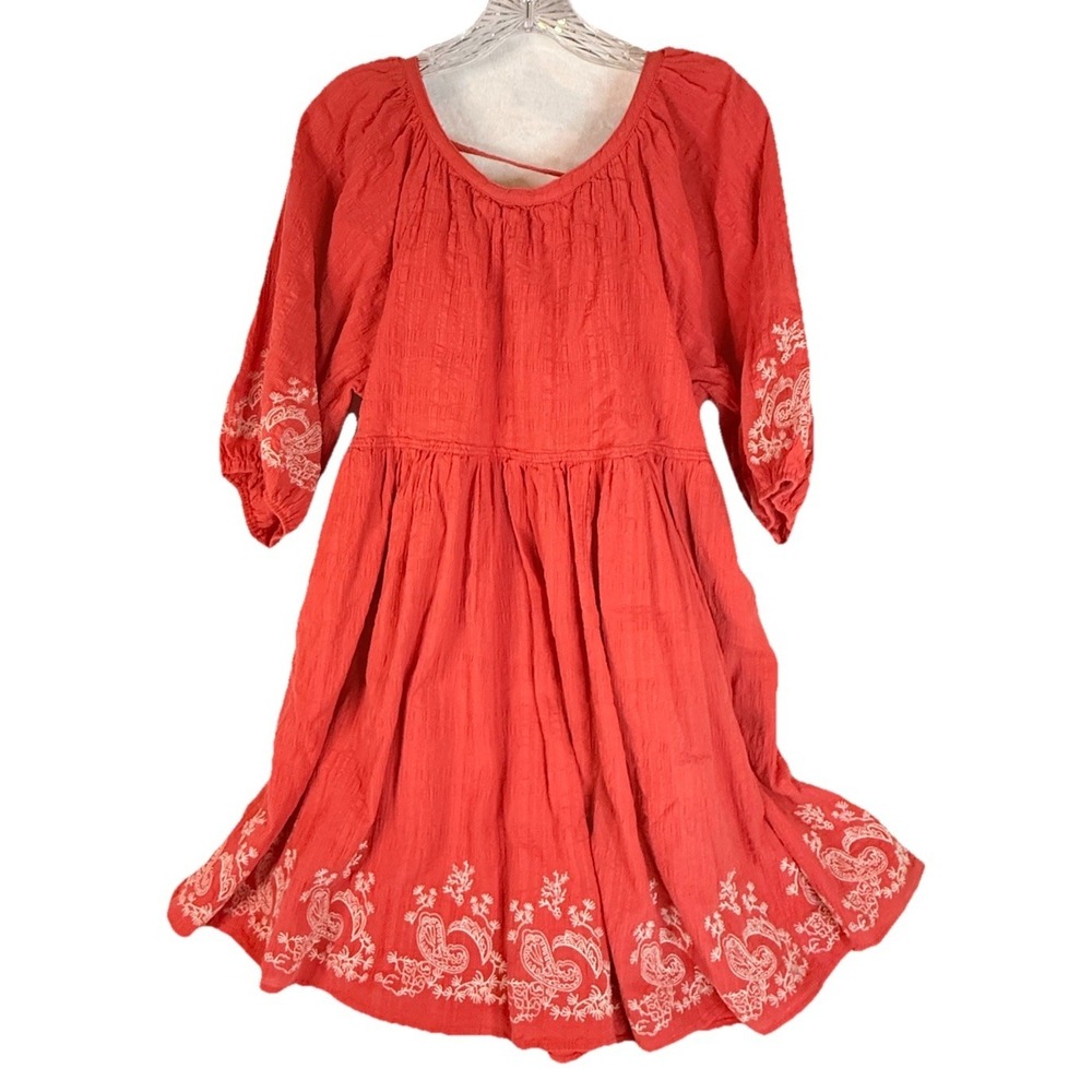 Chelsea & Violet Dress L Coral Cotton Gauze Embroidered Boho Peasant Pockets